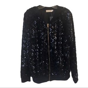 Anna-Kaci Black Seqin Zip-Up Bomber Jacket